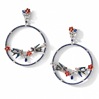 Long earring “Swallows” with blue sapphires