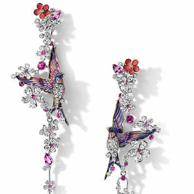 Earrings "Swallows" with pink inserts